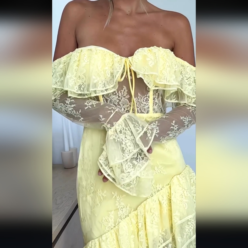 Revolve Majorelle yellow lace Tiered Ruffled off the shoulder hi lo maxi dress - Picture 3 of 8